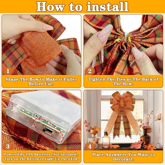 [ 2 Pack & Timer ] Prelit Fall Wreath Bows {4}