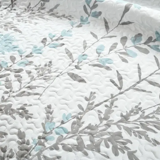 Blue Grey Floral Lightweight Thin Polyester Fabric 3-Piece Quilt Set {3}