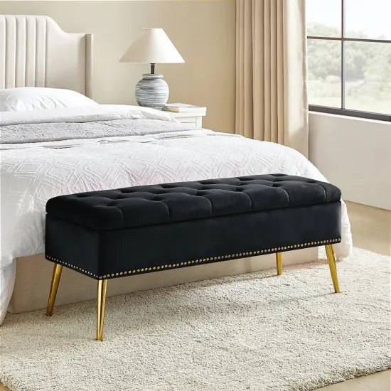 Upholstered Velvet Storage Bench with Tufted Seat and Gold Metal Legs Ivory {6}