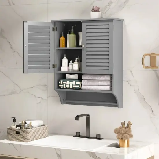 Wall-Mounted Bathroom Medicine Cabinet with Louver Doors and Towel Bar Grey {5}