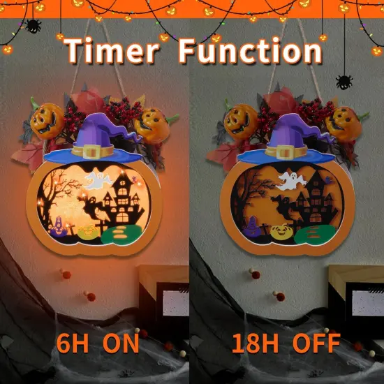 Halloween Wreath - Lighted Pumpkin with Haunted House {2}