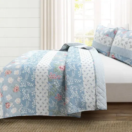 Lightweight Reversible Floral and Striped Quilt Set Polyester Bedding {6}