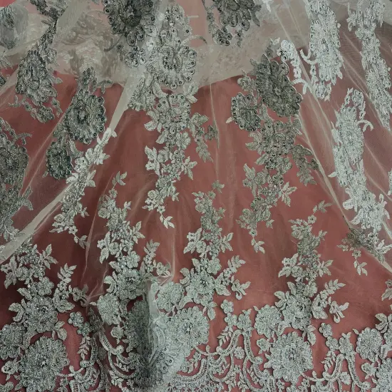 1 Yard Gold Beaded Corded Bridal Lace Fabric on Polyester Mesh, 53" Wide, Embroidered Luxury Fabrication Ivory with Silver {4}