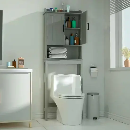 MDF Over-the-Toilet Bathroom Storage Cabinet with Adjustable Shelves and Doors Grey {5}