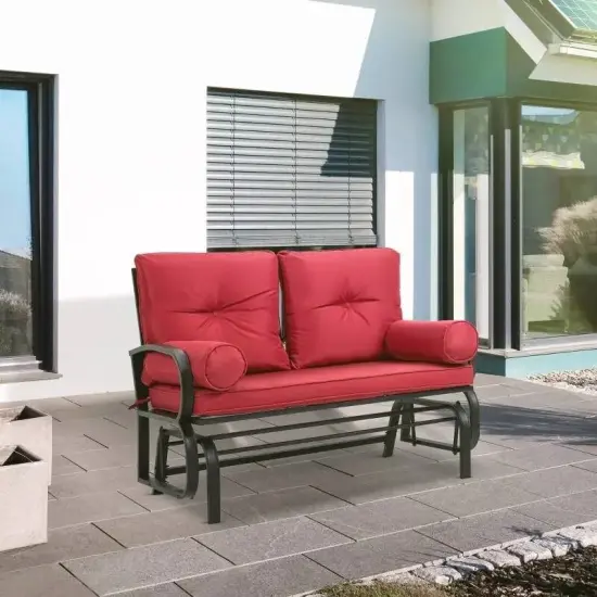 Steel Porch Glider Chair Loveseat with Cushions and Smooth Rocking Motion Red {5}