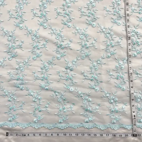 1 Yard Beaded Lace Fabric Embroidered Pearl Sequin Bridal Mesh Wedding Dress 54" Width Lt. Blue {6}