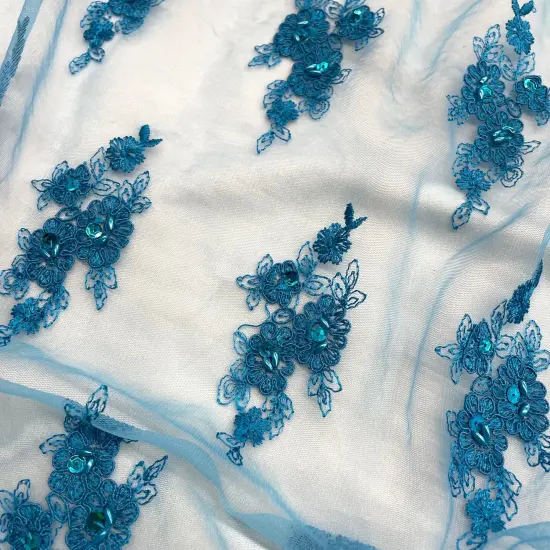 1 Yard Beaded Corded Lace Fabric Embroidered Elegant Mesh Bridal Gown 53" Width Turquoise {3}