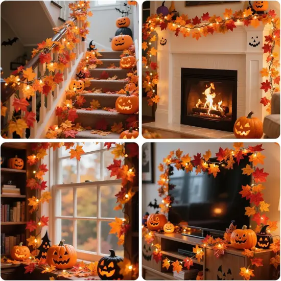 1 Pack Fall Leaf Garland with Lights -35 Orange Bulbs (Orange-Maple) {4}