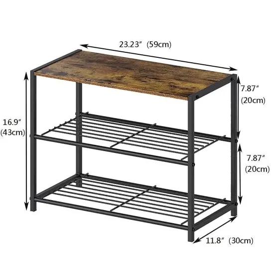 Black-Brown Metal 2-Shelf Shoe Rack Bench with Wood Top and Seat Function {3}