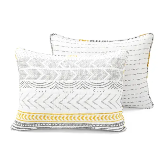 3 Piece Lightweight Cotton Quilt Set Grey White Yellow Reversible Bedding with Pillow Shams {2}