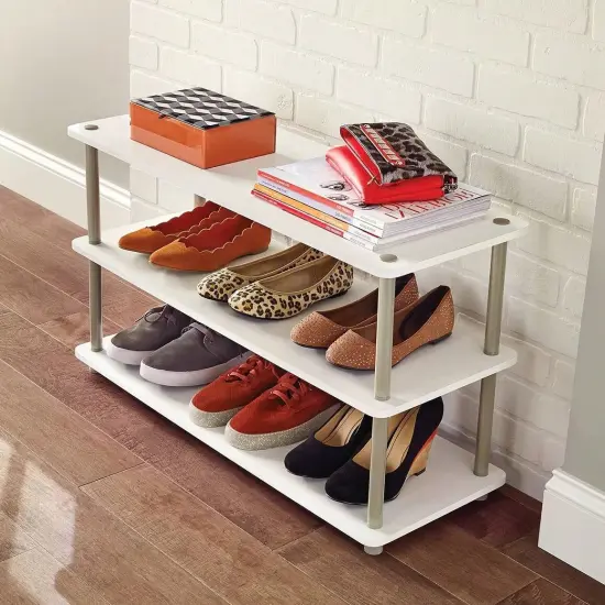 White Wood Shoe Rack with 3 Shelves, Metal Accents and 12 Pair Capacity {5}