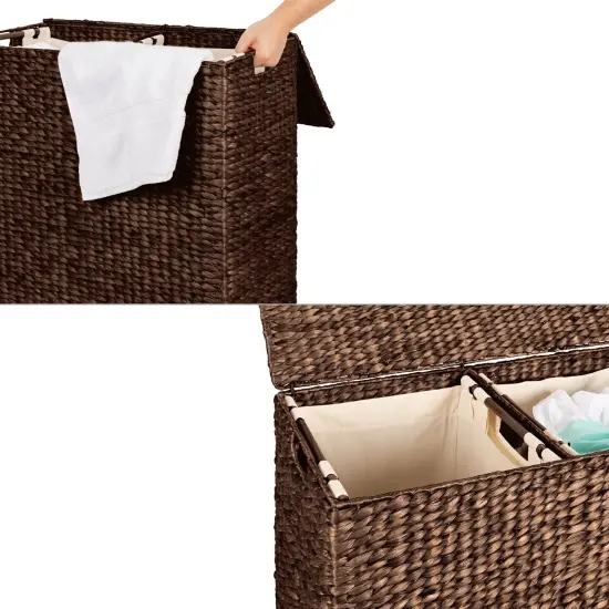 Espresso Water Hyacinth 2-Bin Laundry Hamper with Lid and Canvas Liners {4}