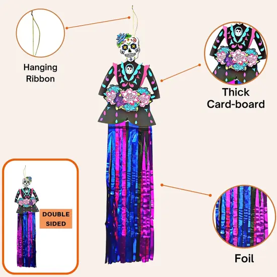 4E's Novelty Day of The Dead Hanging Decorations &ndash; 3 Pack 36" Sugar Skull Banners, Dia de Los Muertos Indoor Outdoor Party Supplies, Halloween Vertical Backdrop for Home, Yard, Door, Window Decor {5}