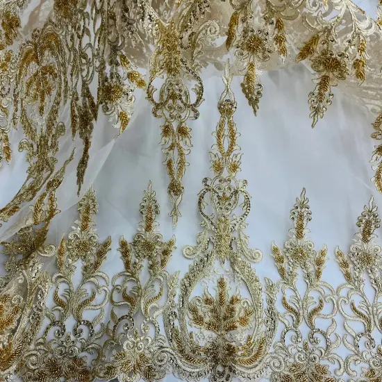 1 Yard Beaded & Corded Bridal Lace Fabric on 100% Polyester Net Mesh, Embroidered Lace Fabric, 51" Width Gold Metallic {1}