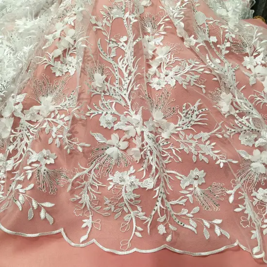 1 Yard White Elegant Beaded and Rhinestone 3D Floral Lace Fabric Embroidered on 100% Polyester Net Mesh 52 inch Width {3}