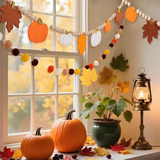 2 Pcs Felt Pumpkin Leaves Garland and Wood Bead - Orange and White {5}