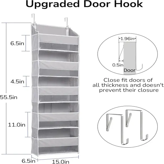 1 Pack Over Door Organizer with 5 Large Pockets 10 Mesh Side Pockets, 44 lbs Weight Capacity Hanging Storage Organizer with Clear Window for Kids Toys, Shoes, Diapers, Grey, 5 Layer {3}