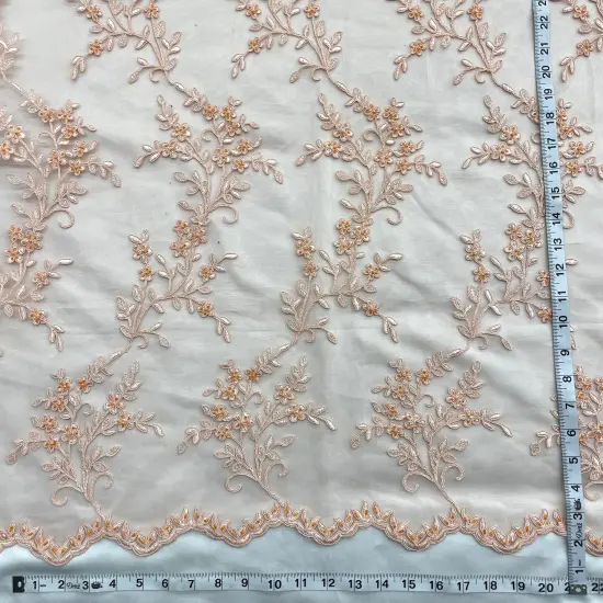 1 Yard Beaded Corded Bridal Lace Fabric Embroidered Mesh Peach 52" Width Lime Green {6}