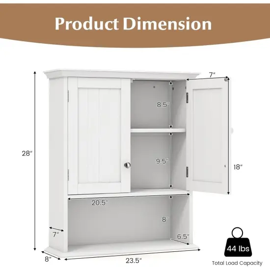 White Wall Mounted Bathroom Cabinet with Louver Doors Adjustable Shelf and Built In Towel Bar {2}