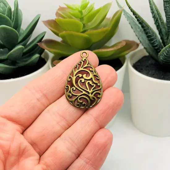 Bronze Filigree Teardrop Charms, 34x22mm {2}