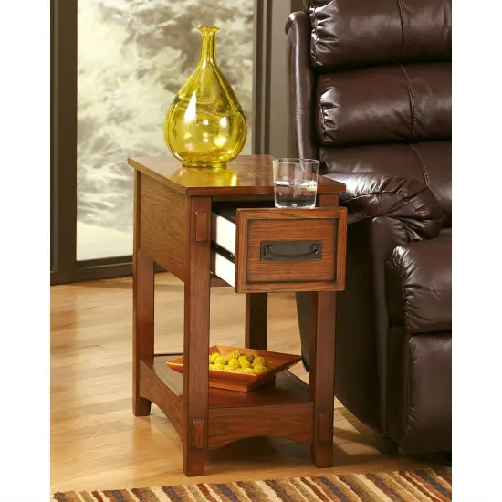Compact Brown Wood Side End Table with Drawer and Bottom Shelf for Living Room or Bedroom {2}