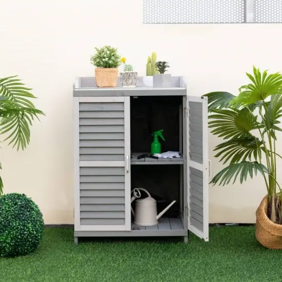 Grey Solid Wood Patio Storage Cabinet with Metal Workstation and Rolling Doors {3}