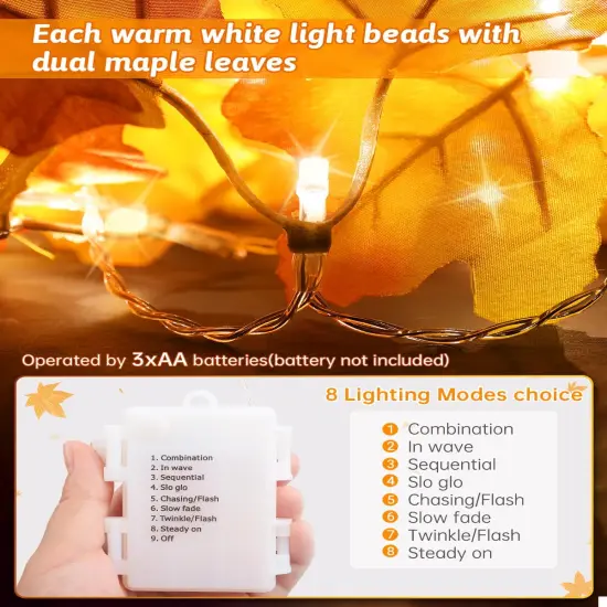 2Pack [8 Lighting Modes & Timer] Fall Decor Maple Leaf Garland {3}
