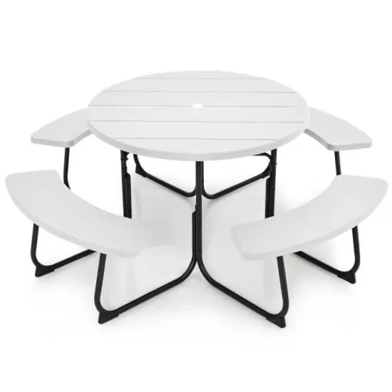 75" Round HDPE 8-Seater Outdoor Picnic Table with Umbrella Hole and Metal Frame Green {5}