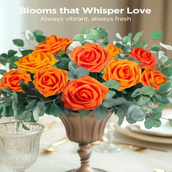 Artificial Flowers, 50 Pcs Shades of Orange Foam Fake Roses Bulk with Stems for Decoration DIY Wedding Bouquets {4}