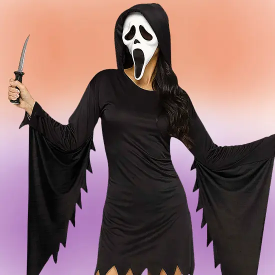 Adult Small Medium Ghost Face Glamour Hooded Mini Dress Costume {3}