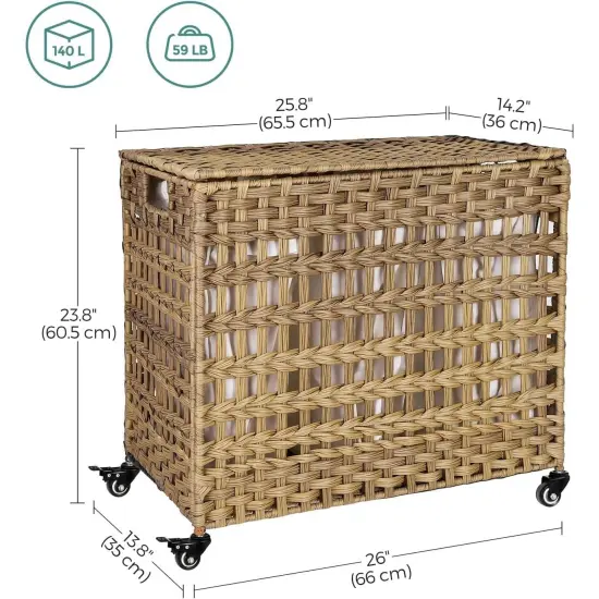 3-Basket Foldable Laundry Sorter Cart with Removable Bags and Locking Wheels for Home Tan {2}