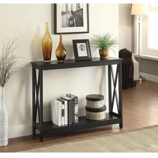 Modern Wood Entryway Sofa Console Table with Bottom Shelf for Living Room and Hallway Black {2}