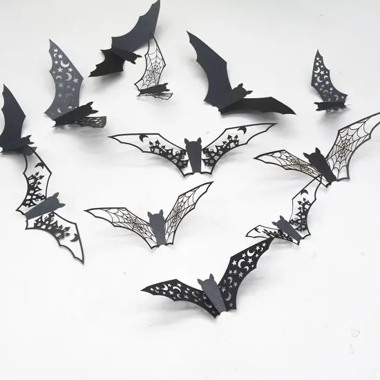 24 Pcs Halloween Wall Decals 3D Halloween Bat Wall Stickers Decor Scary Black {1}