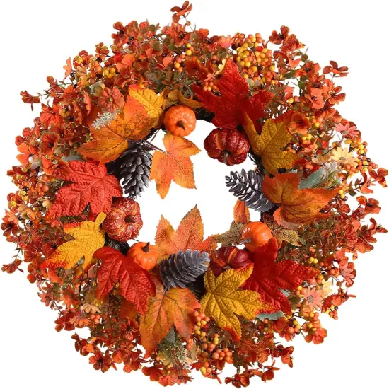 Fall Wreath with Pumpkin Maple Leaves Pine Cone Berries {6}