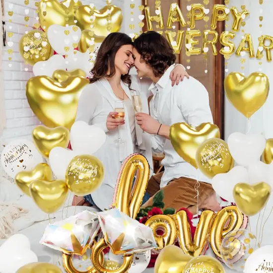 White and Gold Anniversary Decorations - Balloons, Banner, Rose Petals {4}