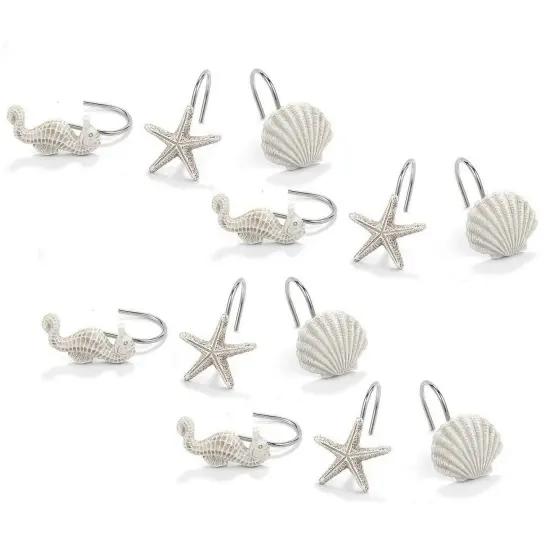 12-Pack of Beach-Themed Shower Curtain Stainless Steel Hooks, Decorative Seashell Coastal Shower Hooks for Bathroom Decor with Seahorses, Starfish, and Seashells White {5}