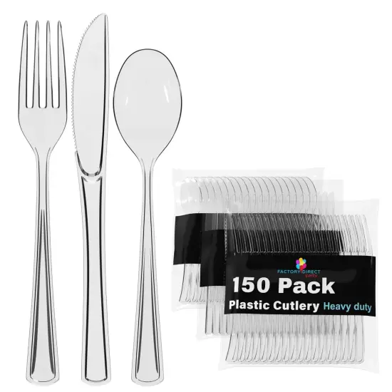 Exquisite Polished Plastic Silverware &ndash; 150 Pcs Heavy Duty Cutlery Set &ndash; 50 Each of Forks, Knives & Spoons &ndash; Disposable Utensil Set for Parties, Events & Catering &ndash; Flatware Set by Party Solids Clear {1}