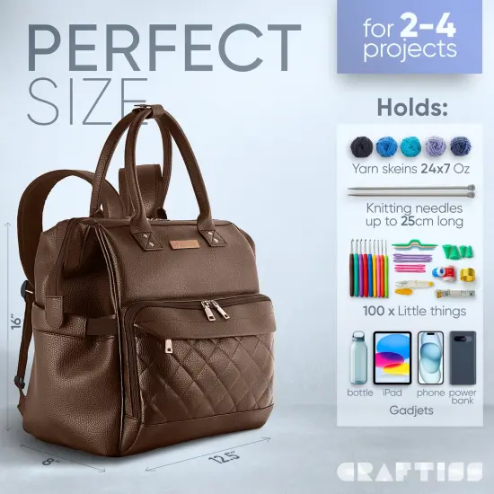 Brown Yarn Storage Backpack for Knitting & Crocheting on the Go - Faux Leather Water-Resistant Bag with USB Port {7}