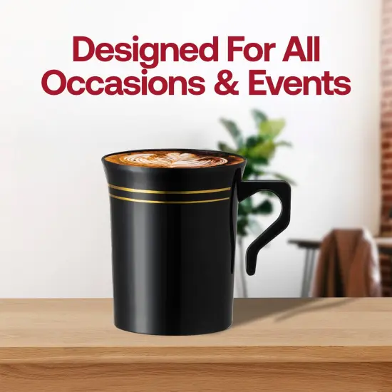 Black with Gold Edge Rim Round Plastic Coffee Mugs - 8 oz. (120 Mugs) {6}