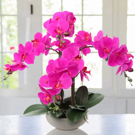 20" Fuchsia Phalaenopsis Orchid in Round Grey Pot &ndash; Beautiful Artificial Flowers with Natural Leaf Details, Elegant Decor for Homes, Offices, and Special Occasions {5}