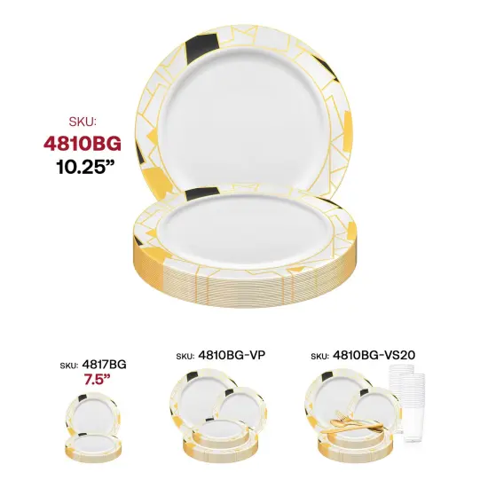 White with Black and Gold Abstract Squares Pattern Round Disposable Plastic Dinner Plates - 10.25" (120 Plates) {6}