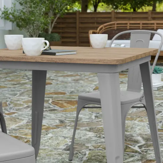 Merrick Lane Dryden Indoor/Outdoor Dining Table, 31.5" Square All Weather Poly Resin Top with Steel Base BrownTop/SilverFrame {6}