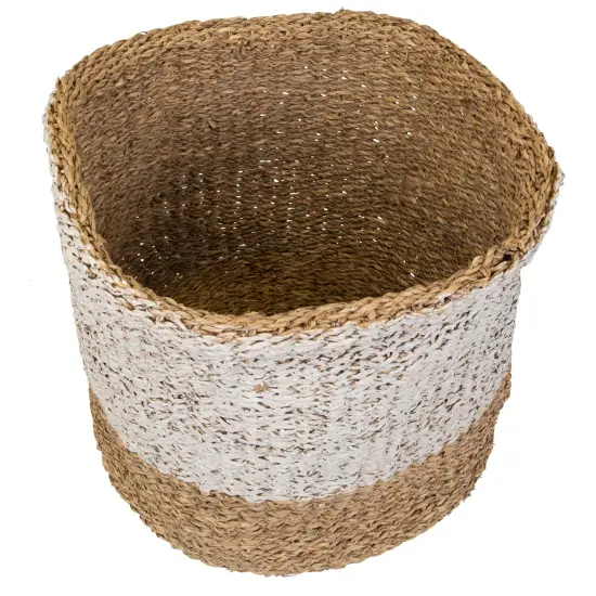 Northlight Round Wicker Table and Floor Baskets - Beige and White - Set of 3 {6}