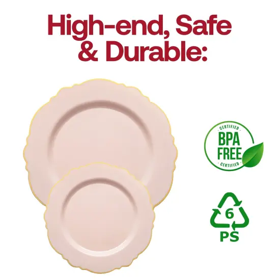 Pink with Gold Rim Round Blossom Disposable Plastic Dinner Plates - 10.25" (120 Plates) {5}