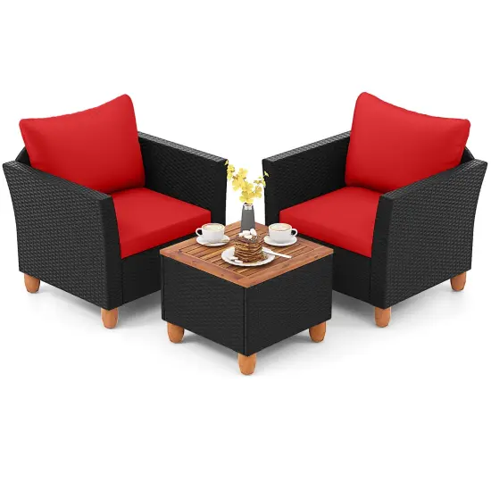 Costway 3 PCS Outdoor Patio Rattan Bistro Furniture Set Wooden Table Top Cushioned Sofa Black Brown {9}