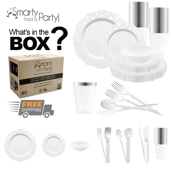 White with Silver Blossom Dots Disposable Plastic Tableware Set (120 Settings) {1}