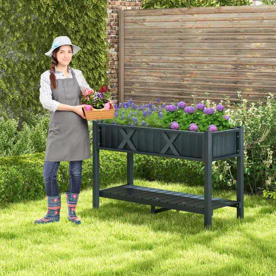 Costway HIPS Raised Garden Bed Poly Wood Elevated Planter Box with Legs, Storage Shelf Blue/Coffee/Black {2}