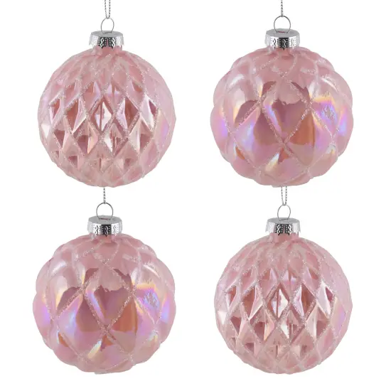 Northlight Glittered Geometric Iridescent Glass Ball Christmas Ornaments - 3" (80mm) - Pink- 4ct {3}