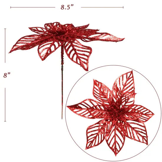 8.5" Red Glitter Poinsettia Flower, Christmas Holiday Decoration, Ideal for Holiday Decor, Xmas Floral Arrangements, Home Decoration {5}