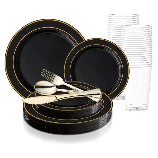 Black with Gold Edge Rim Plastic Wedding Value Set (120 Settings) {1}